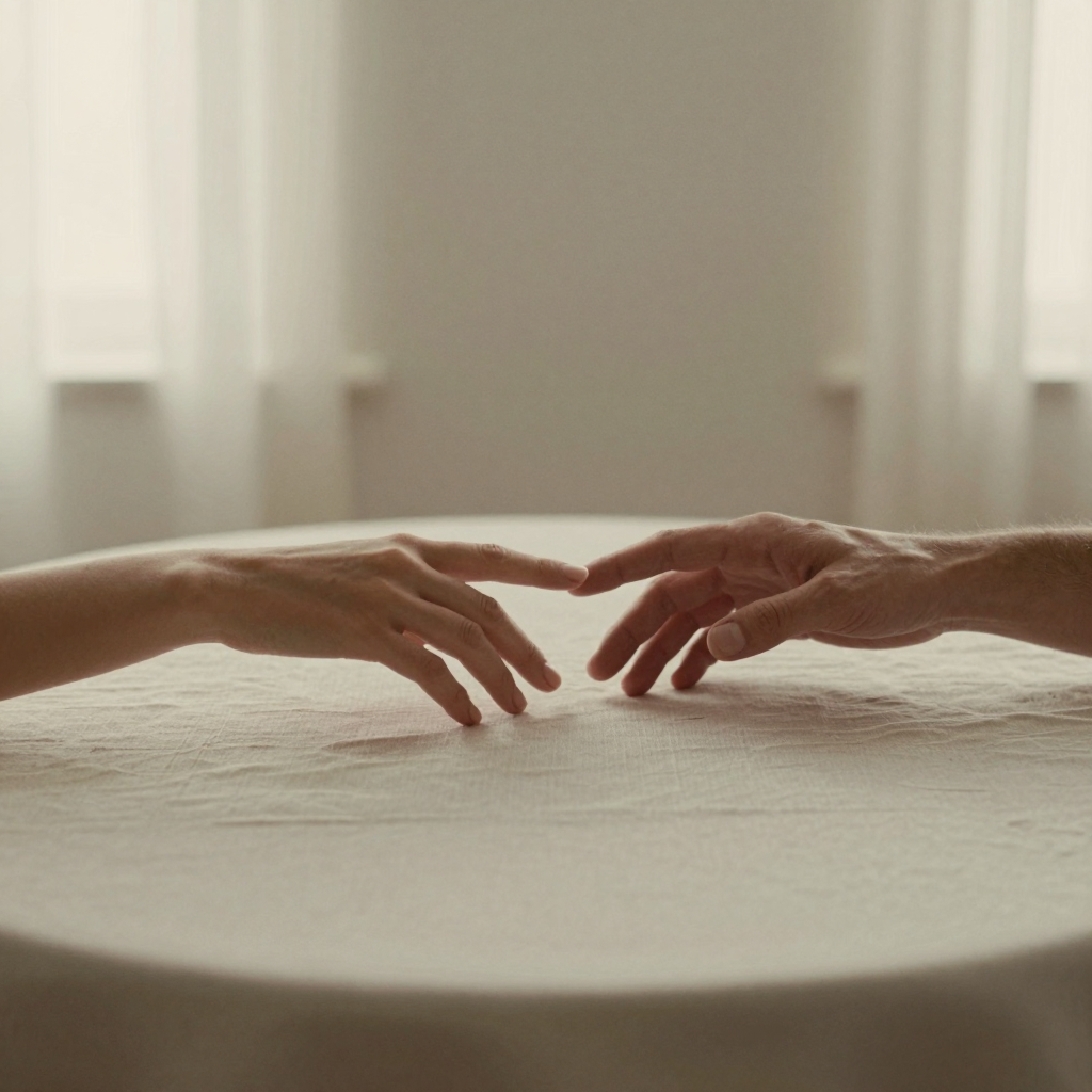 Two people reaching toward each other across a linen table